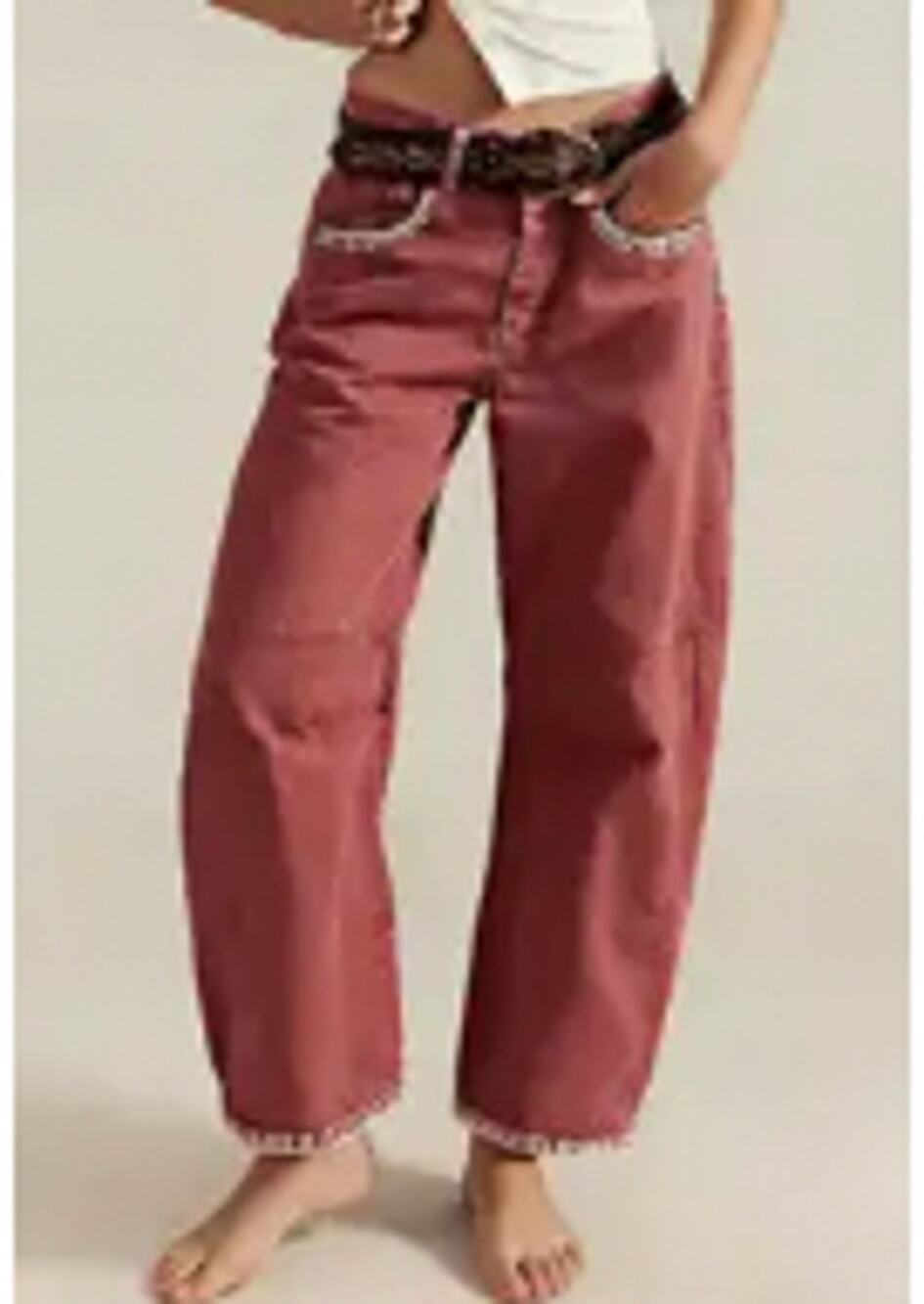 NWT Flemingals Contrast Stitch Mid Rise Barrel Leg Pants Without Belt Sz L